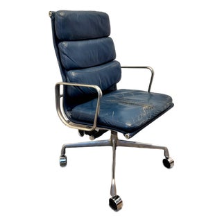 Vintage Ea 216 Soft Pad Armchair by Charles and Ray Eames for Herman Miller Blue Leather For Sale