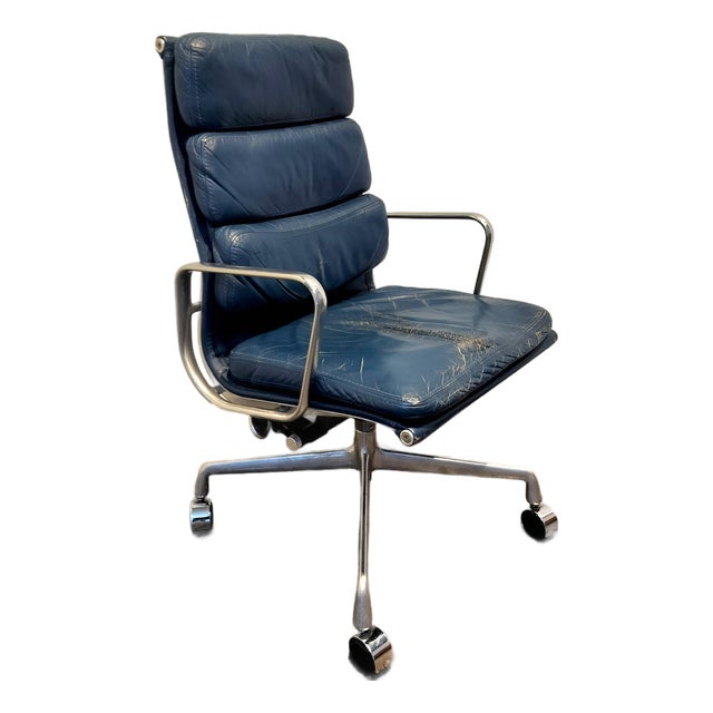Vintage Ea 216 Soft Pad Armchair by Charles and Ray Eames for Herman Miller Blue Leather For Sale