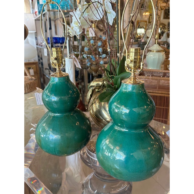 Vintage Pair Gourd Green Crackle Glaze Porcelain Table Lamps Newly Wired Brass For Sale In West Palm - Image 6 of 12