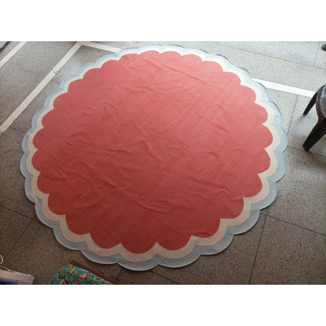 Handmade Cotton Round Scalloped Rug, Terracotta, Cream and Light Blue Round Dhurrie-9' Round For Sale - Image 11 of 13