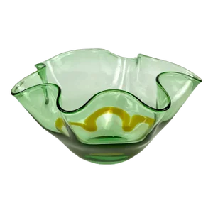 Vintage Art Glass Hand Blown Green Butterscotch Ruffled Bowl