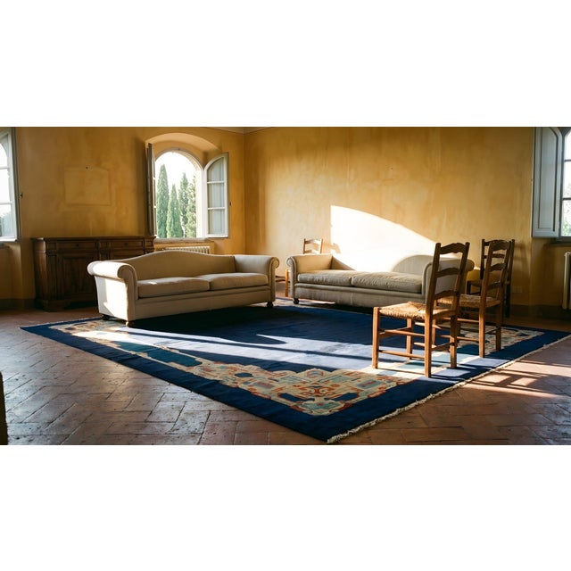 1920s Unique Blue Multicolor Antique Chinese Peking Carpet 12' X 14'9" Wool Rug For Sale - Image 9 of 9