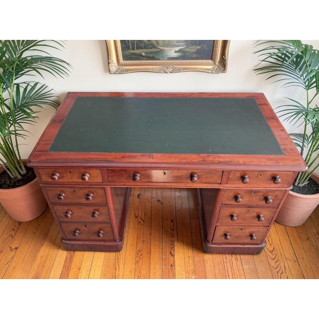Brown Antique Victorian Mahogany Pedestal Desk with Green Leather, 1890s For Sale - Image 8 of 18