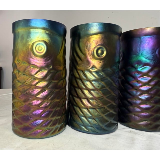 1990s John Cook Koi Fish Iridescent Cobalt Glass Tumbler Cup - Lot of 8 For Sale - Image 11 of 15