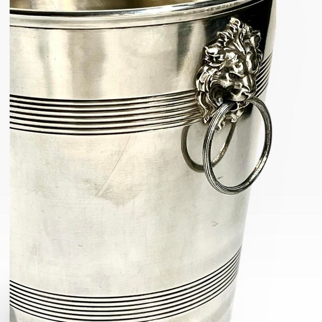 French Art Deco Silver Plate Champagne Bucket – L’Orfèvrerie Lion Head Ring Handles, Early 20th Century For Sale - Image 4 of 14