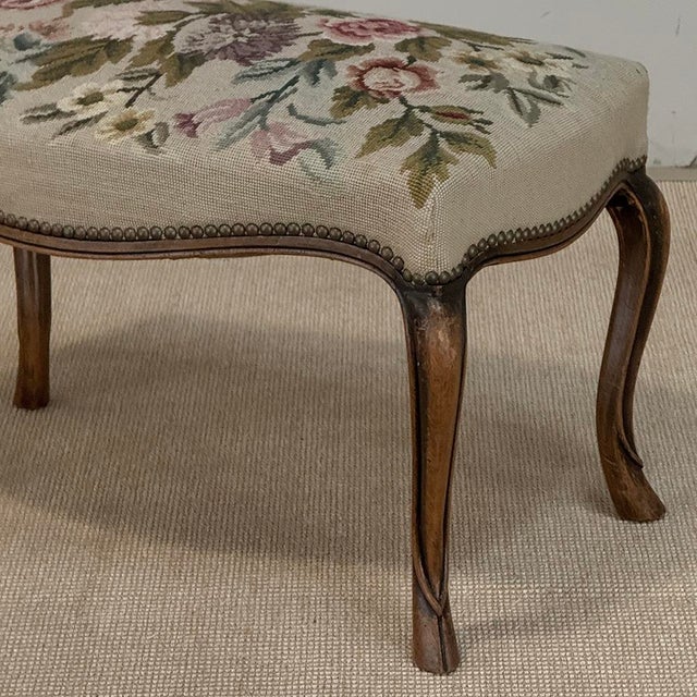 Antique Louis XV Walnut Footstool With Floral Needlepoint Upholstery For Sale - Image 9 of 9