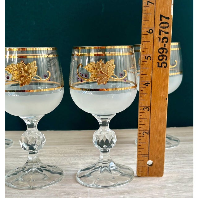 Vintage Bohemia Crystal Wine Glasses – Crystalex Boc47 Pattern – Frosted Bowl, Gold Leaf & Purple Dots – 5 1/2" Tall For Sale - Image 9 of 9