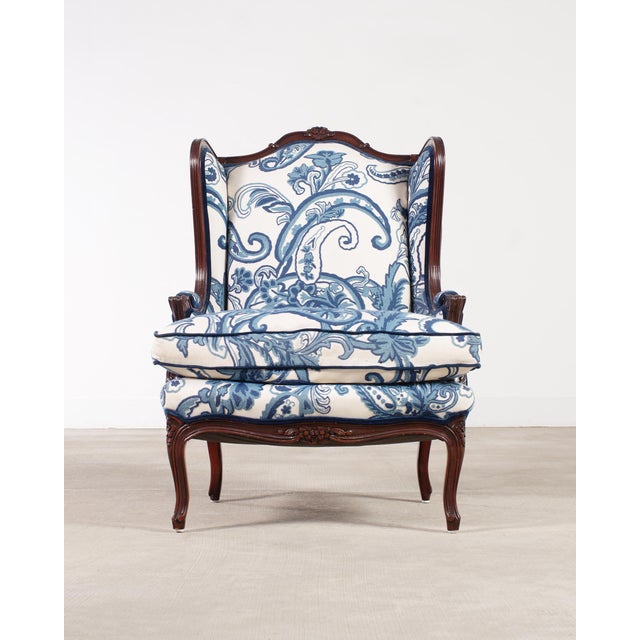 French Louis XV Style Wingback Bergere Á Oreilles Crewel Work For Sale - Image 3 of 18
