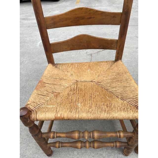 Mid-Century Modern 1970s Collection of Wood and Wicker Ladder Back Chairs- Set of 4 For Sale - Image 3 of 8