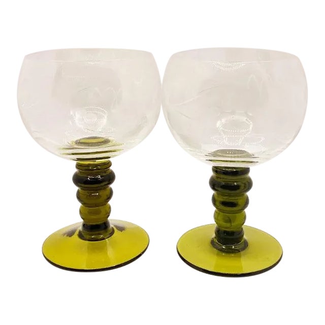 Vintage Green Etched Wine Glasses - Pair For Sale