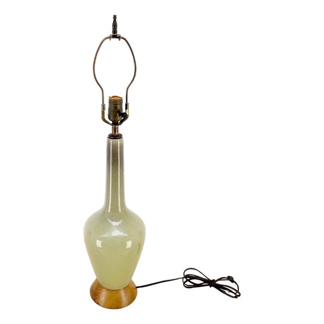 Olive Green Art Pottery Ceramic Vase Shape Table Lamp Turned Walnut Base MINT For Sale