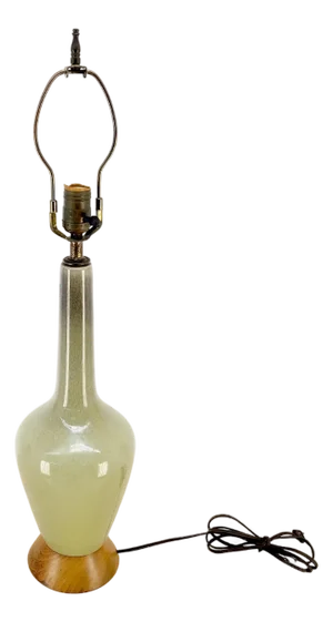 Olive Green Art Pottery Ceramic Vase Shape Table Lamp Turned Walnut Base MINT