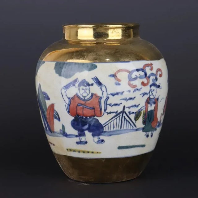 Early 20th Century Chinese Vintage Ceramic Pot,Gold Ground Blue and White Famille Verter Porcelain Jar Hand Painted Eight Immortals Pattern For Sale - Image 5 of 7