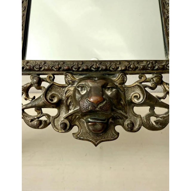 Antique Gilded Cast Iron Cherub and Lion Heads, Victorian French Style Ornate Vanity Table Mirror From Late 19th Century For Sale - Image 4 of 12