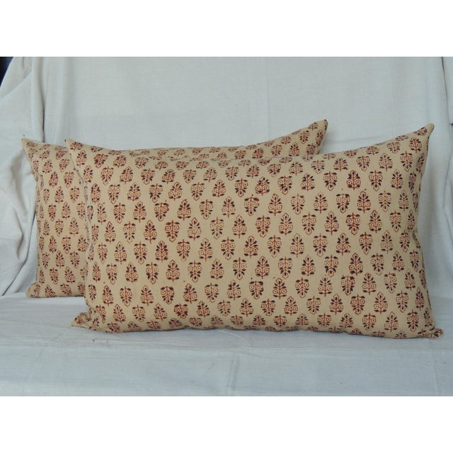 Vintage Orange Hand-Blocked Indian Print Decorative Long Bolsters Pillows - Set of 2 For Sale - Image 4 of 6