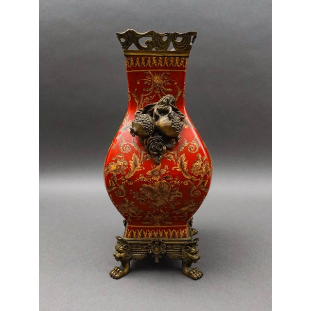 Mid 20th Century Mid 20th Century Mark Roberts Floral Porcelain & Bronze Footed Vase For Sale - Image 5 of 9