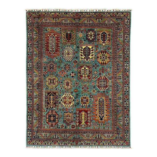 Turquoise Kazak Style Tree of Life Rug - 4'9" X 6'3" For Sale