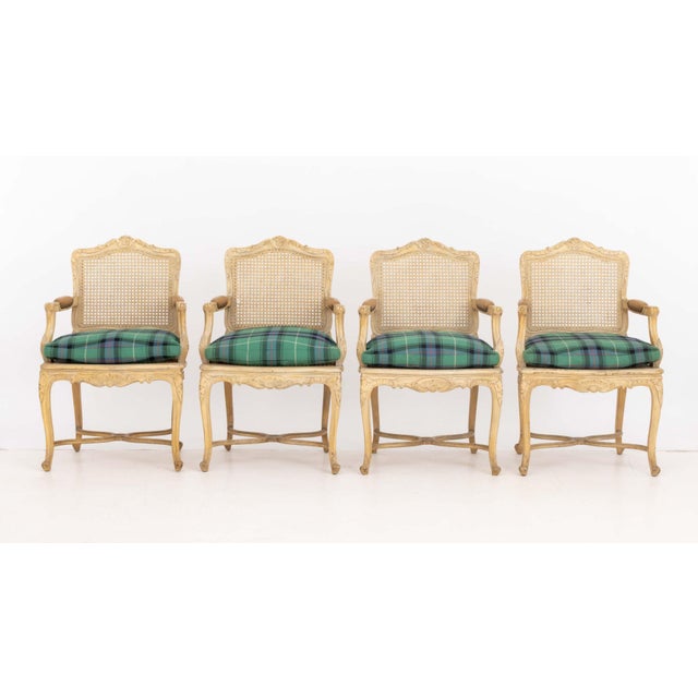French Set of Four Louis XV Style Cane-Paneled Arm Chairs For Sale - Image 3 of 14