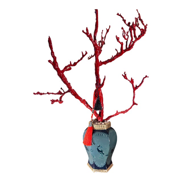 Chinoiserie Chic Decorative Faux Red Coral Branch in Handpainted & Gilded Green Vase For Sale