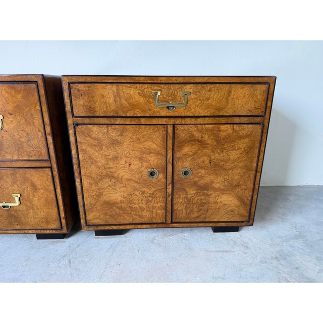 Mid-Century Modern Pair of Vintage John Widdicomb Burl Wood Veneer & Brass Nightstands/ Sold For Sale - Image 3 of 12