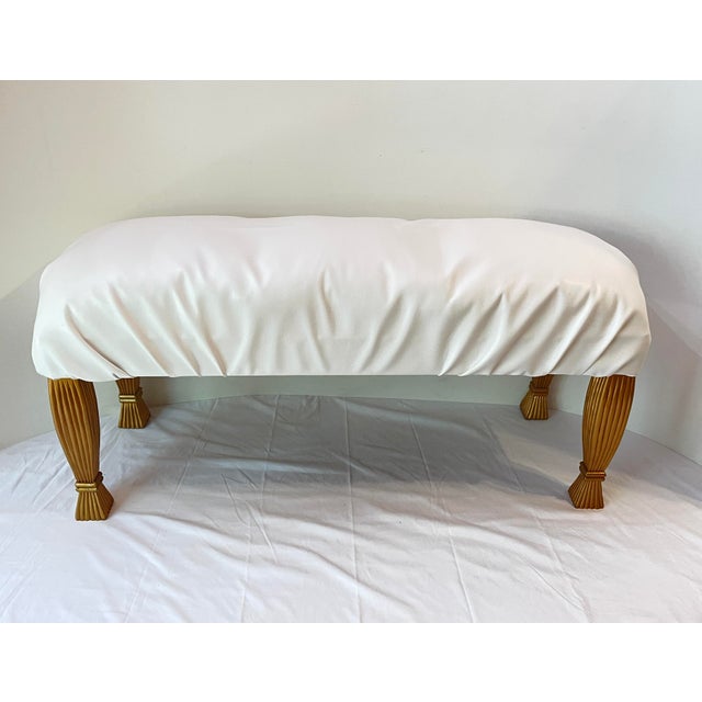 Large White Leather Gold Wood Bench For Sale - Image 9 of 12