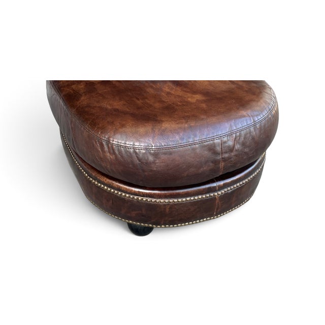 Vintage Oval Brown Leather Ottoman With Brass Nailhead Trim and Rounded Feet For Sale - Image 9 of 10