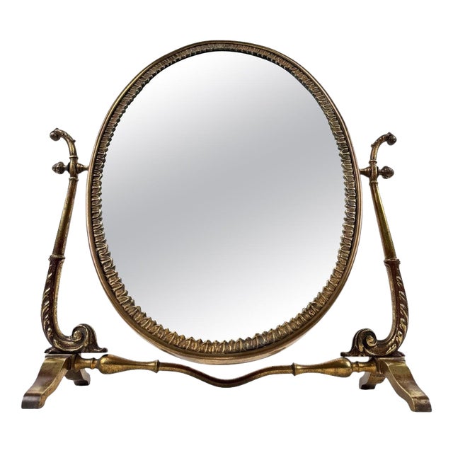 Mid-Century Italian Neoclassical Oval Cast Brass Vanity Mirror, 1950s For Sale