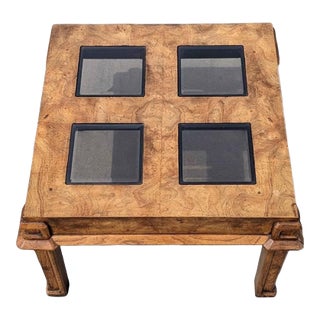 Postmodern Burl Wood and Smoked Glass Square Side Table, 1970s For Sale