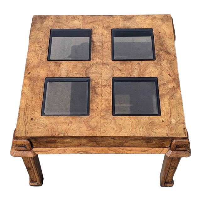 Postmodern Burl Wood and Smoked Glass Square Side Table, 1970s For Sale