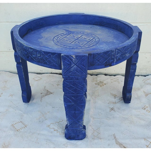 Moroccan Hand Carved Blue Wooden Table / Berber Style Tayfour Set of 3 For Sale - Image 10 of 10