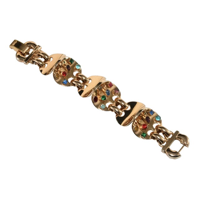 Vintage 1930s Bracelet Retro Style Multicolor Rhinestones Gold Plated For Sale