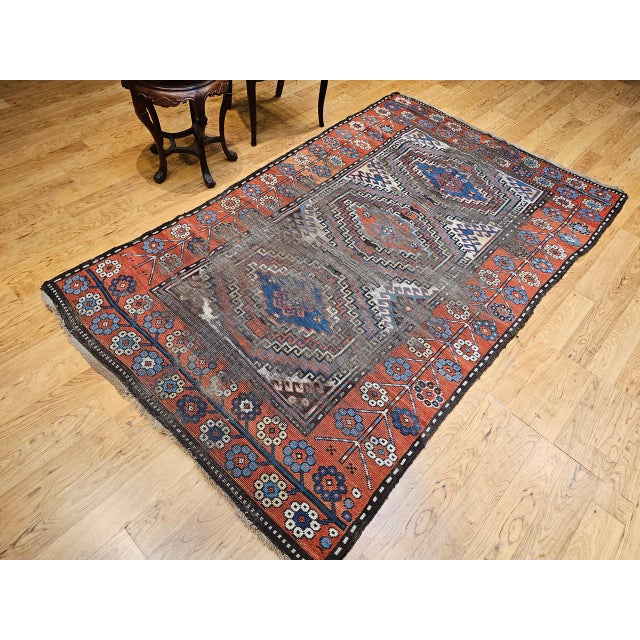 Textile Antique Caucasian Karabagh Area Rug, Hand-Knotted Wool, Geometric Design, Ivory & Blue, 5x8 For Sale - Image 7 of 17