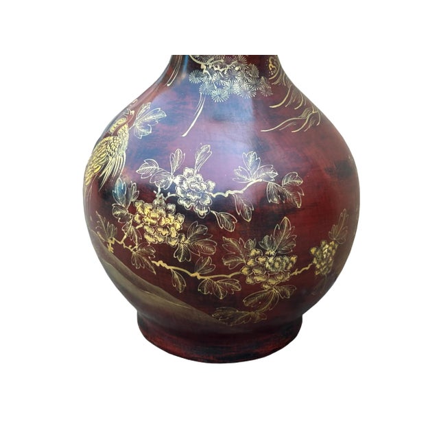 Chinese Brown Lacquer Golden Scenery Decorative Wood Vase Art For Sale - Image 11 of 18