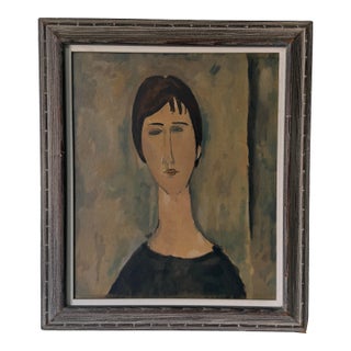 1970s Amadeo Modigliani Style Portrait Reproduction – Casein on Masonite Painting, Framed For Sale