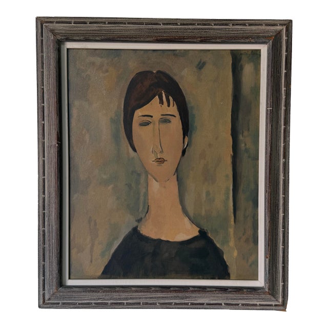 1970s Amadeo Modigliani Style Portrait Reproduction – Casein on Masonite Painting, Framed For Sale