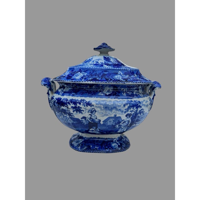 English Antique Staffordshire Blue White Transferware Covered Soup Tureen Pastoral Scene For Sale - Image 3 of 9