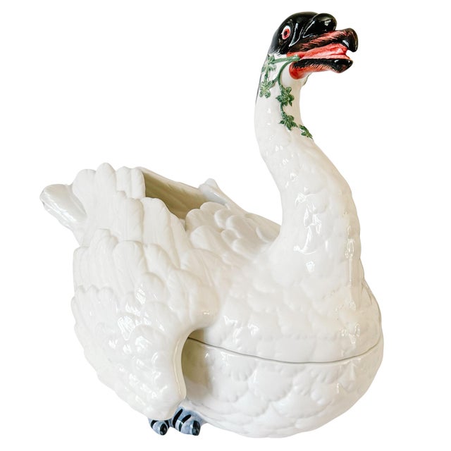 Chelsea House Inc 1980s Italian Hand-Painted Ceramic Swan Tureen & Centerpiece in Meissen Style by Chelsea House For Sale - Image 4 of 12