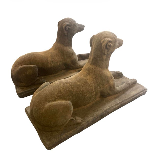 A Pair of Mid-Century English Style Cast Stone Greyhound Garden Statuary For Sale - Image 4 of 8