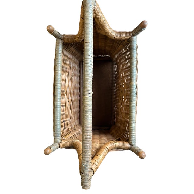 Vintage Large Wicker Magazine Blanket Basket Sage Green and Beige For Sale - Image 4 of 10