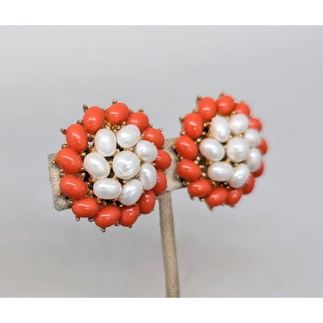 Mid-Century Modern Vintage 1958 Signed Crown Trifari Faux-Coral & Pearl Clip Earrings-2 Pieces For Sale - Image 3 of 8