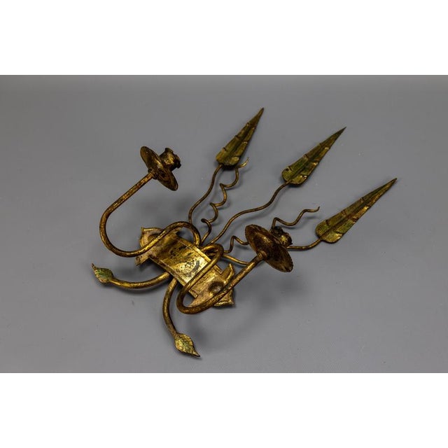 Spanish Gilt Iron Medieval Revival Style Two-Arm Candle Wall Sconce, ca. 1950s For Sale - Image 15 of 18