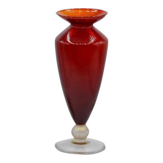 Large 1950s Red Swiral Venetian Italian Glass Trumpet Pedestal Vase With Gold Leaf Aventurine For Sale