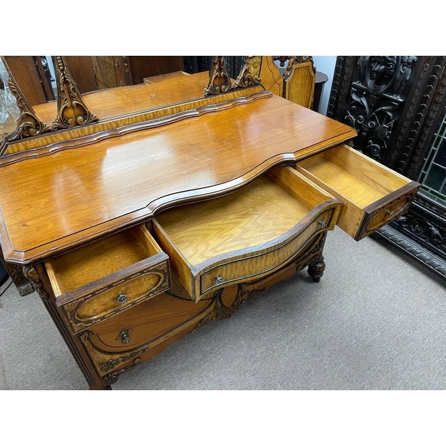 American Antique 1930's Bedroom Mirrored Dresser, Hand Carved Walnut, Burl Inlay, Beveled Glass Mirror, 5 Drawers For Sale - Image 3 of 16