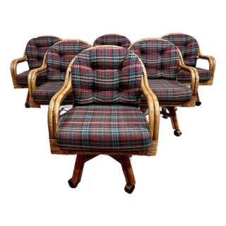 1980’s Rattan Barrel Back Rolling Swivel Dining Chairs - Set of 6 For Sale