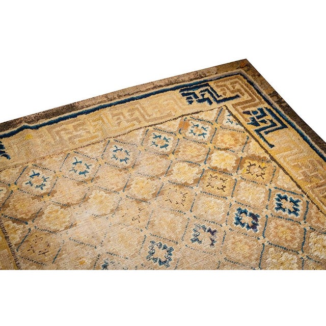 1880s Antique Camel Ground Geometric Foo Dog Knotted Chinese Ningxia Rug For Sale - Image 9 of 10