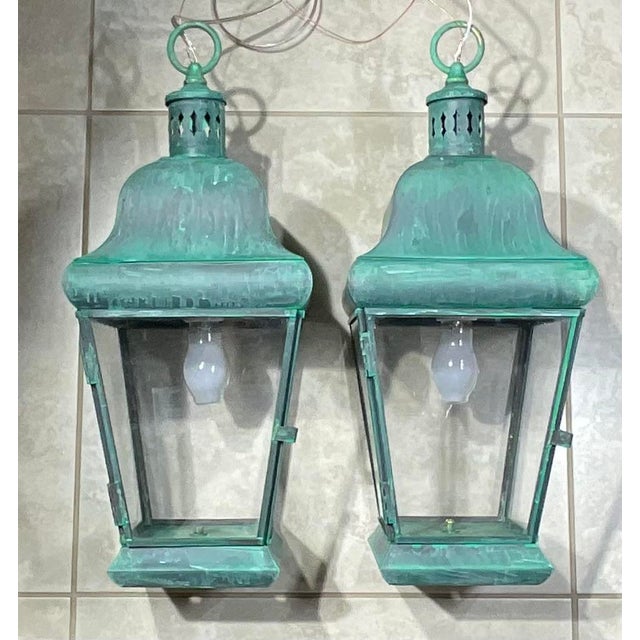 American Pair of Vintage Solid Brass Hanging Lanterns. 20”.5 H X 8”.5w X 8”.5 W For Sale - Image 3 of 17