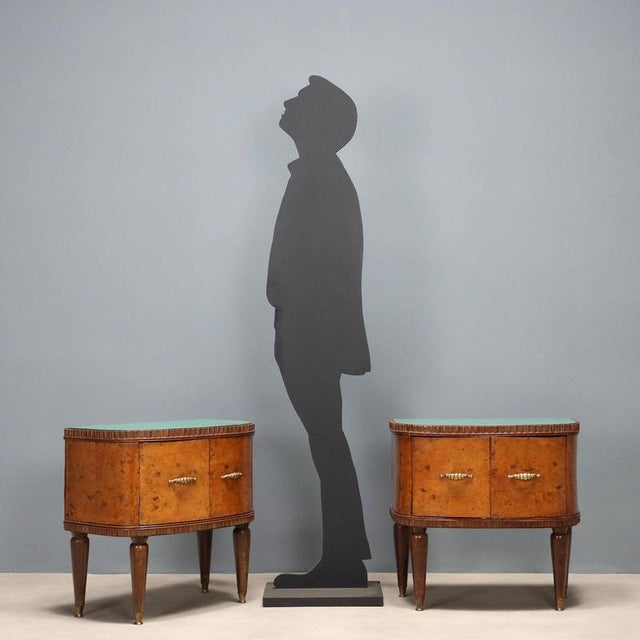 Pair of bedside tables with hinged doors, burl veneer, decorative wood strips, stained beech legs with brass tips, back-...