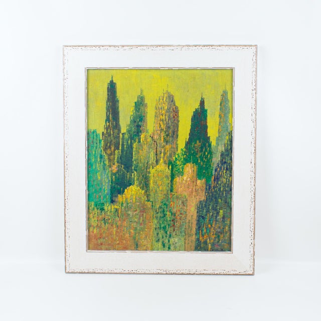 A captivating Mid-Century Modern abstract cityscape, this oil on canvas by French artist Le Boreux (20th Century)...
