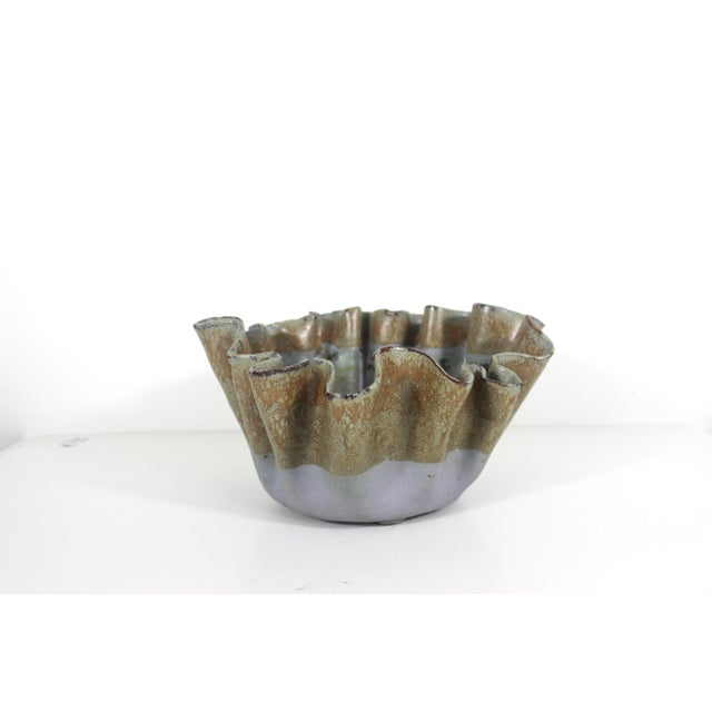 Sculptural Signed Studio Pottery Footed Bowl Organic Ruffled Edge Vintage For Sale - Image 4 of 13