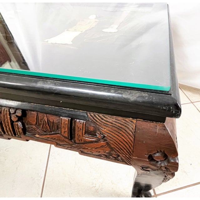 Mid 20th Century Chinoiserie Carved Fruitwood and Stone Coffee Table With Stools and Glass Top- 5 Pieces For Sale - Image 12 of 13